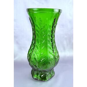 Vintage FTD Vase Emerald Green Glass Flower 10” Decorative Leaf Design 1978